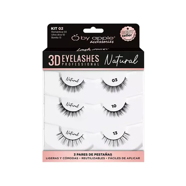 1 - Kit con 3 Pares de Pestañas Natural By Apple
