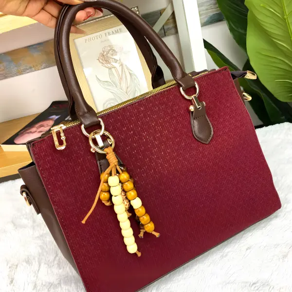 11 - Bolsa Satchel Wood Bead Chevron con Grabado de Textura