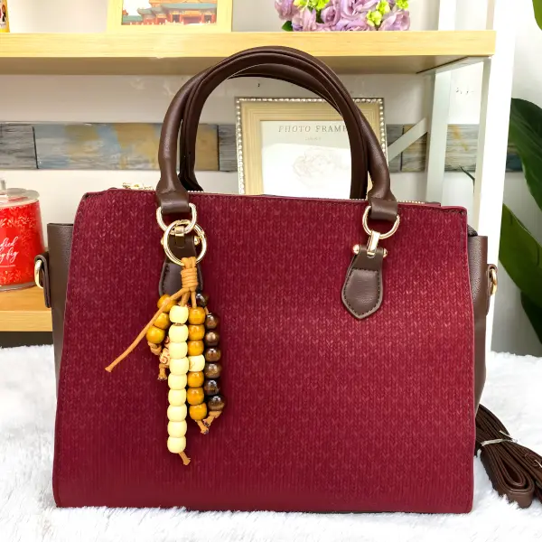 7 - Bolsa Satchel Wood Bead Chevron con Grabado de Textura