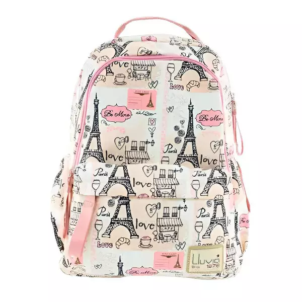 0 - Mochila escolar con detalles de paris love para niña o joven