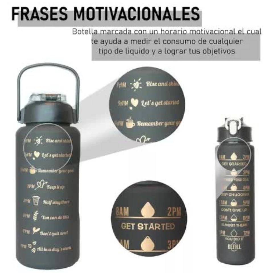 2 - Botella Bote Vaso Envase Motivacional Agua Popote Gym 2l