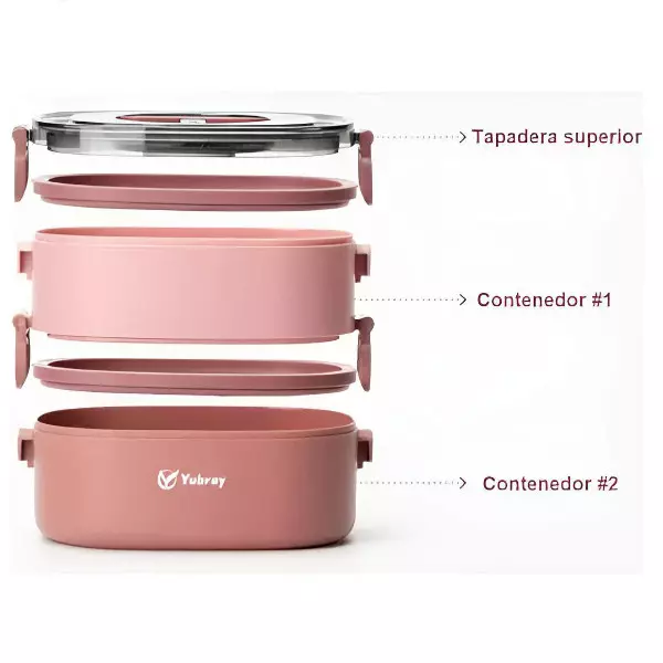 0 - Lonchera Rosa para Comida de 2 Niveles Capacidad de 1400ml