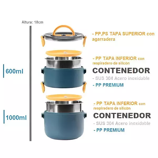 4 - Lonchera de 2 niveles con capacidad de 1600 ml