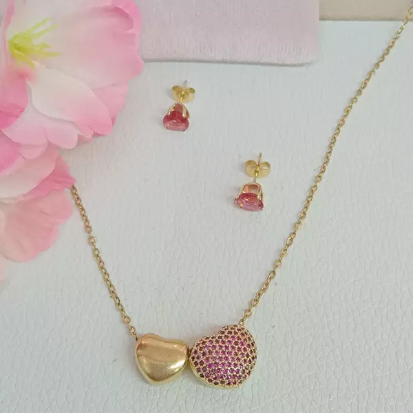 0 - Juego de aretes y collar con forma de corazón de acero inoxidable y piedra color rosa