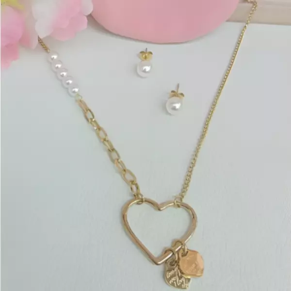 0 - Juego de collar y aretes de acero inoxidable con perlas y corazones