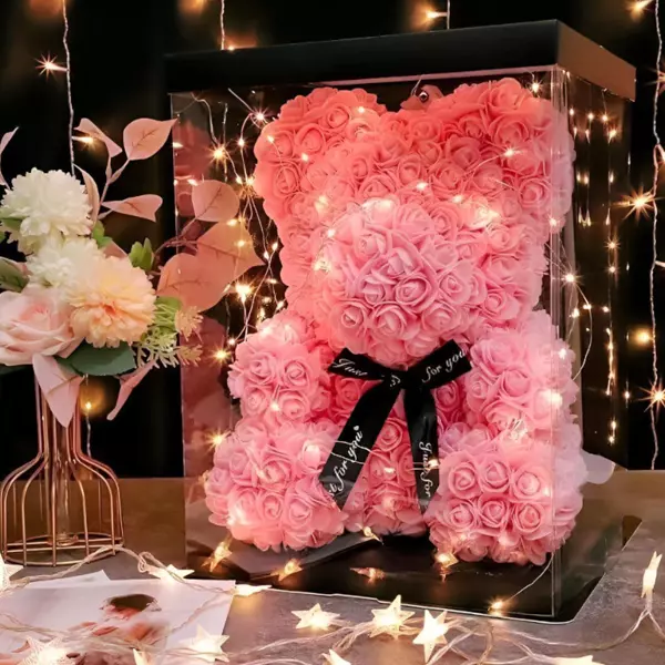 1 - Peluche de Oso formado de Rosas con Luces LED en Caja Transparente