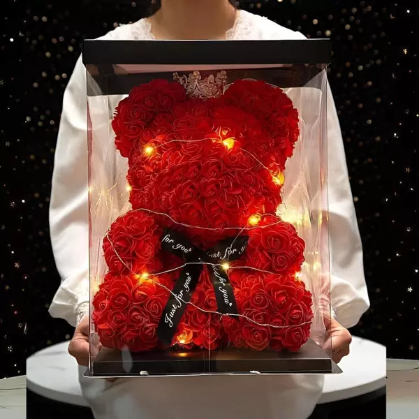 0 - Peluche de Oso formado de Rosas con Luces LED en Caja Transparente