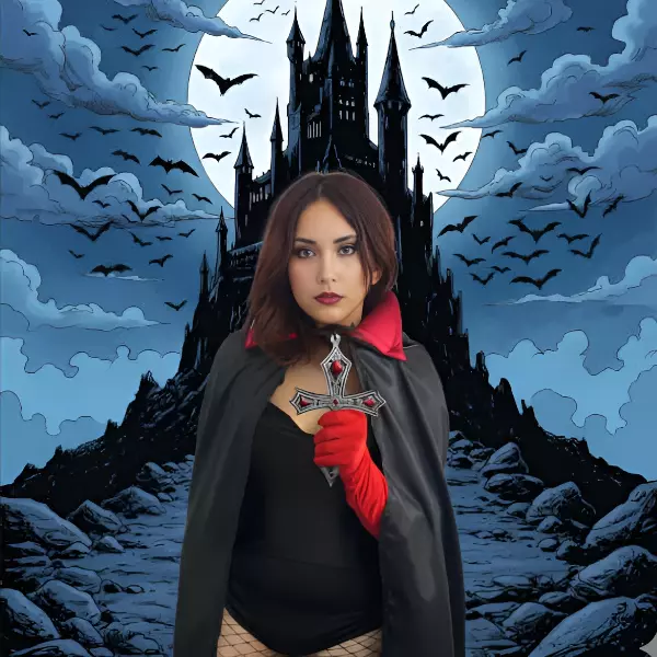 0 - Disfraz de Vampiresa Gótica con capa y guantes rojos