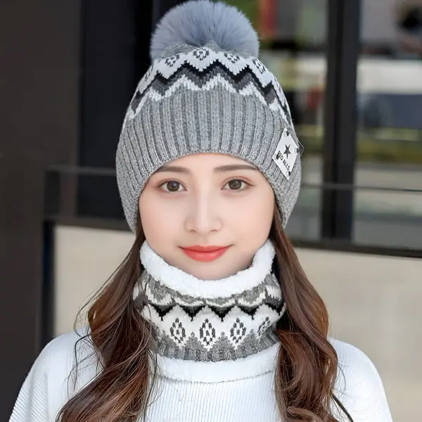 0 - Conjunto de Gorro con pompón con cuellera de Invierno