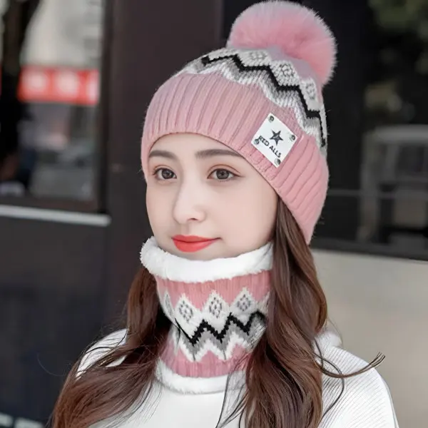 4 - Conjunto de Gorro con pompón con cuellera de Invierno